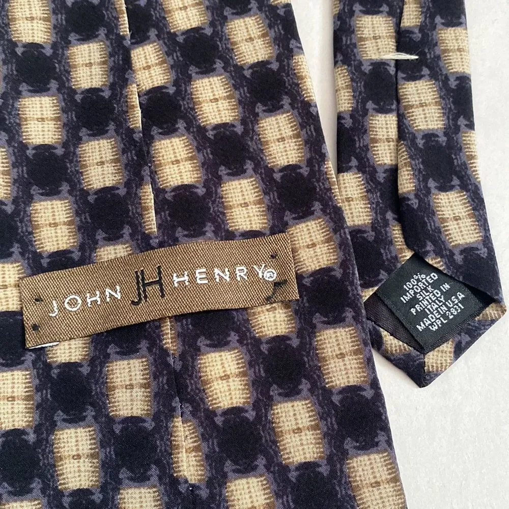 John‎ Henry 100% Silk Tie Black Cream Check Print